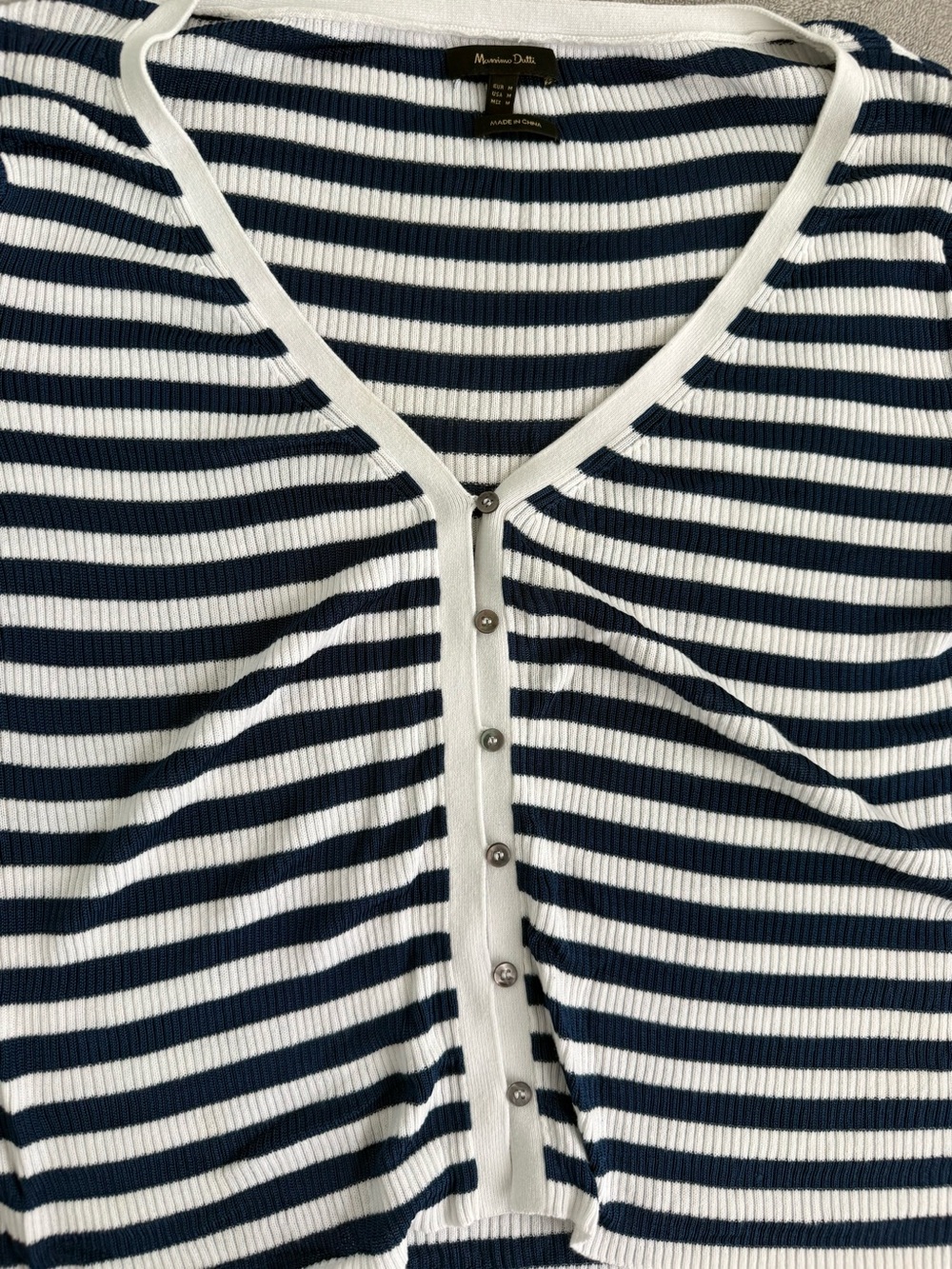 Massimo Dutti Navy and White Striped Ribbed Button-Front Top